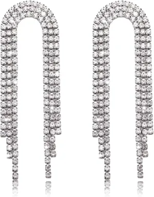 Rhinestone Earrings Dangling for Women Sparkly Rhinestone Arch Dangle Earrings Statement Crystal Fringe Earrings Country Concert Outfit Jewelry