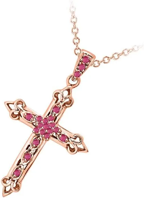 Round Cut 14k Gold Over .925 Sterling Silver Ruby Fleur-de-lis Cross Pendant Necklace Christmas Special For Womens.