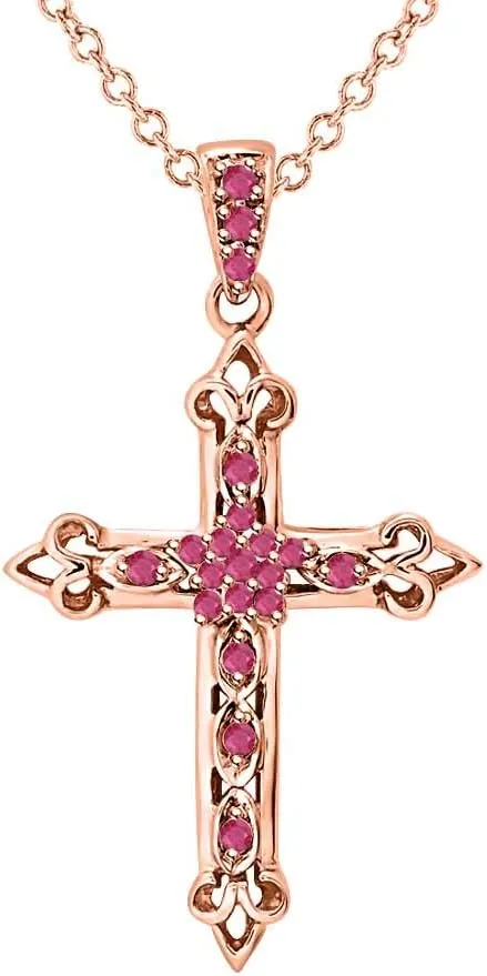 Round Cut 14k Gold Over .925 Sterling Silver Ruby Fleur-de-lis Cross Pendant Necklace Christmas Special For Womens.