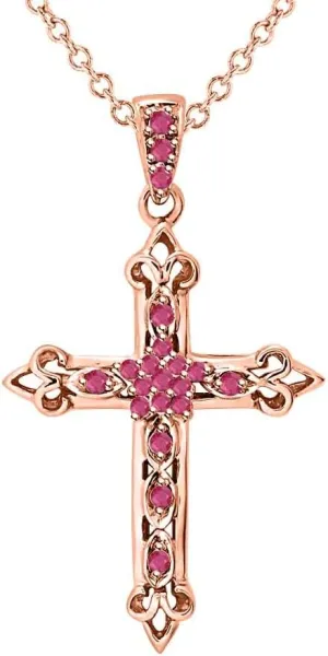 Round Cut 14k Gold Over .925 Sterling Silver Ruby Fleur-de-lis Cross Pendant Necklace Christmas Special For Womens.