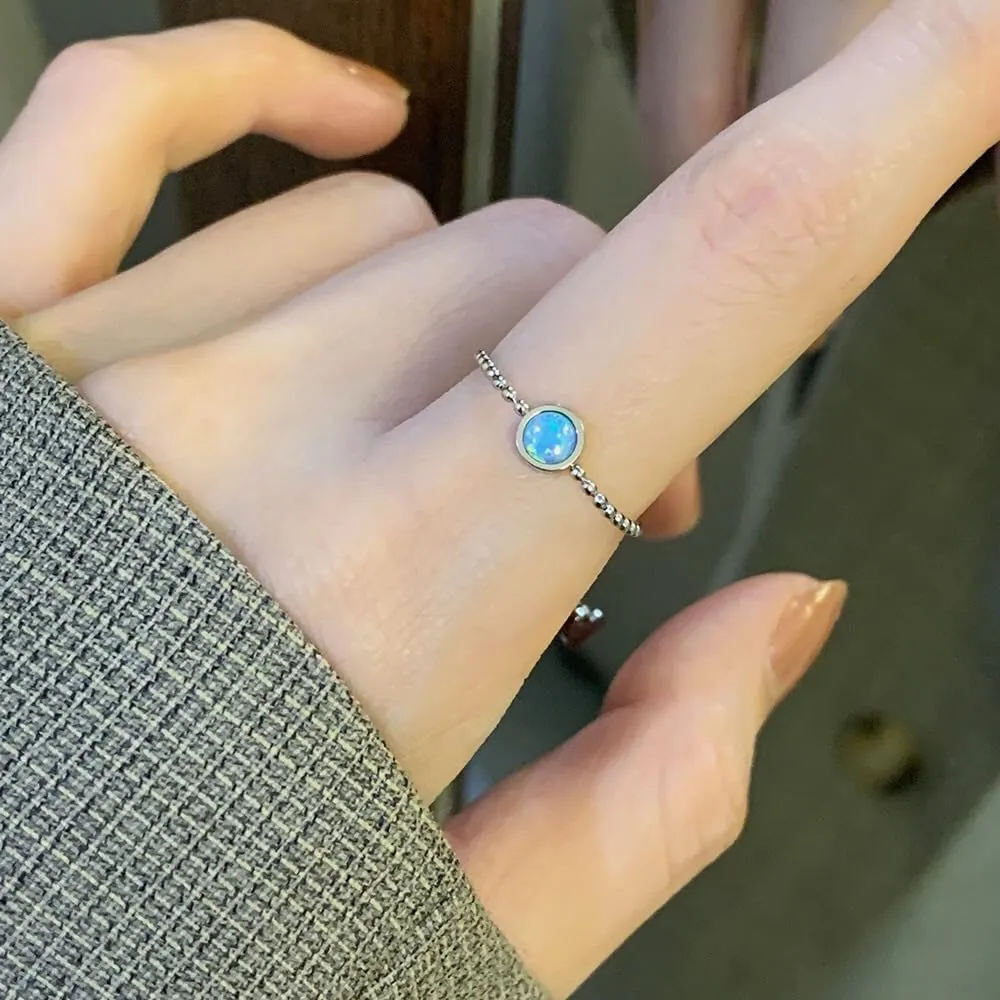 Round Opal Chain Link Statement Adjustable Ring Stainless Steel Birthstone Beaded Ball Stacking Knuckle Tail Finger Rings Love Heart Tassel Dangling Charm Bands Fashion Wedding Engagement Jewelry Gifts for Women Daughter