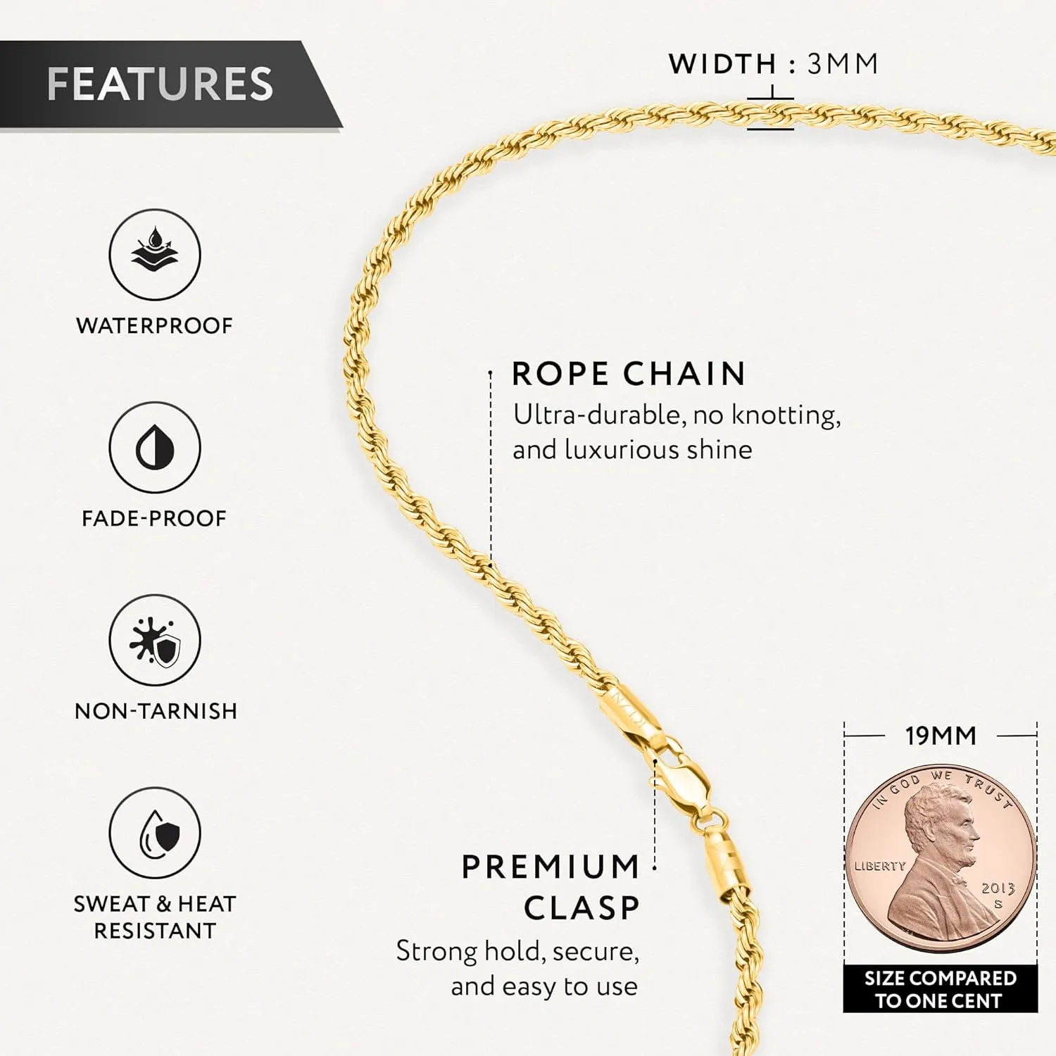 RTZN Gold Rope Chain for Men  3mm Mens Rope Chain  Premium Stainless Steel Necklace for Men & Boys  NON-TARNISH & 100% Waterproof Silver, Black, Gold Mens Chain Necklaces  18/20/22/24/26 Inches