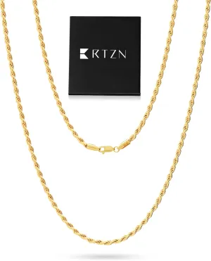 RTZN Gold Rope Chain for Men  3mm Mens Rope Chain  Premium Stainless Steel Necklace for Men & Boys  NON-TARNISH & 100% Waterproof Silver, Black, Gold Mens Chain Necklaces  18/20/22/24/26 Inches