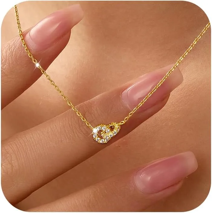 S925 Sterling Silver Dainty Interlocking Circles Necklaces for Women 14K Gold Plated Double Hoop CZ Pendant Lobster Buckle to Daughter Mother Friendship Adjustable Necklace Wedding Jewelry for Her