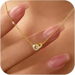 S925 Sterling Silver Dainty Interlocking Circles Necklaces for Women 14K Gold Plated Double Hoop CZ Pendant Lobster Buckle to Daughter Mother Friendship Adjustable Necklace Wedding Jewelry for Her