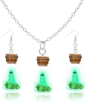 SANDOO Ghost Earrings and Ghost Necklace - Glow In the Dark Ghost Halloween Jewelry, Adopt A Ghost Necklace, Ghost In a Bottle Necklace, Cute Ghost Halloween Present for Women