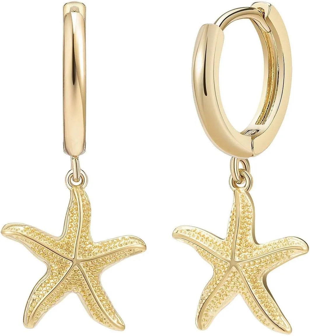SANNYRA Mothers Day Huggie Earrings for Women - 14K Gold Plated Beach Sea Drop Dangle Earrings - Starfish Butterfly Moon Star Seashell Beachy Jewelry