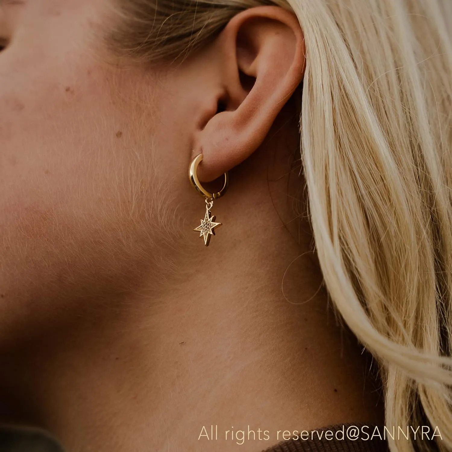 SANNYRA Mothers Day Huggie Earrings for Women - 14K Gold Plated Beach Sea Drop Dangle Earrings - Starfish Butterfly Moon Star Seashell Beachy Jewelry