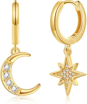 SANNYRA Mothers Day Huggie Earrings for Women - 14K Gold Plated Beach Sea Drop Dangle Earrings - Starfish Butterfly Moon Star Seashell Beachy Jewelry
