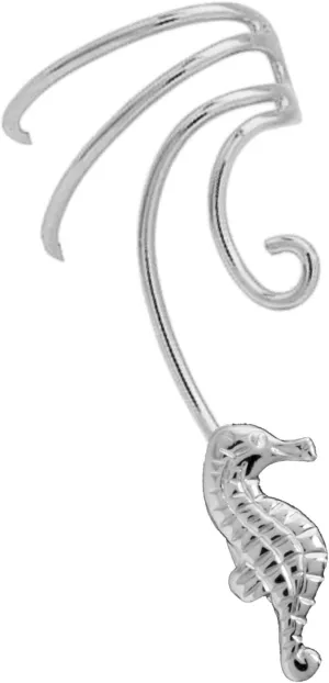 Sea Horse 925 Sterling Silver Non-Pierced Wave Right Ear Cuff Earring
