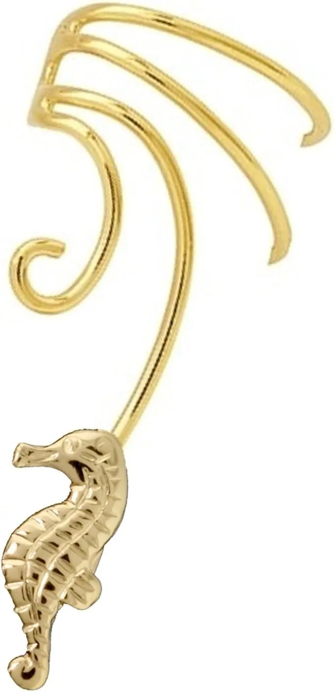 Sea Horse Gold On Sterling Non-Pierced Ear Cuff Left Wave Wrap Earring