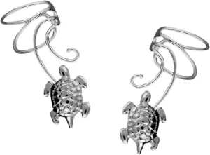 Sea Turtle Curly Wave Ear Cuff Non-pierced Cartilage Wrap Earring Pair in Sterling Silver