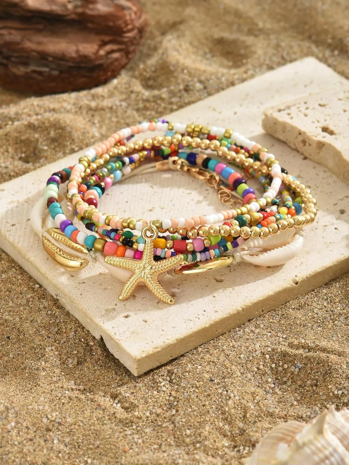Seashell Ankle Bracelet for Women,Colorful Starfish Stack Stretch Bead Ankles Set Adjustable Waterproof Mermaid Ankle Chain Bracelet Hawaii Summer Beach Vacation Foot Mermaid Jewelry