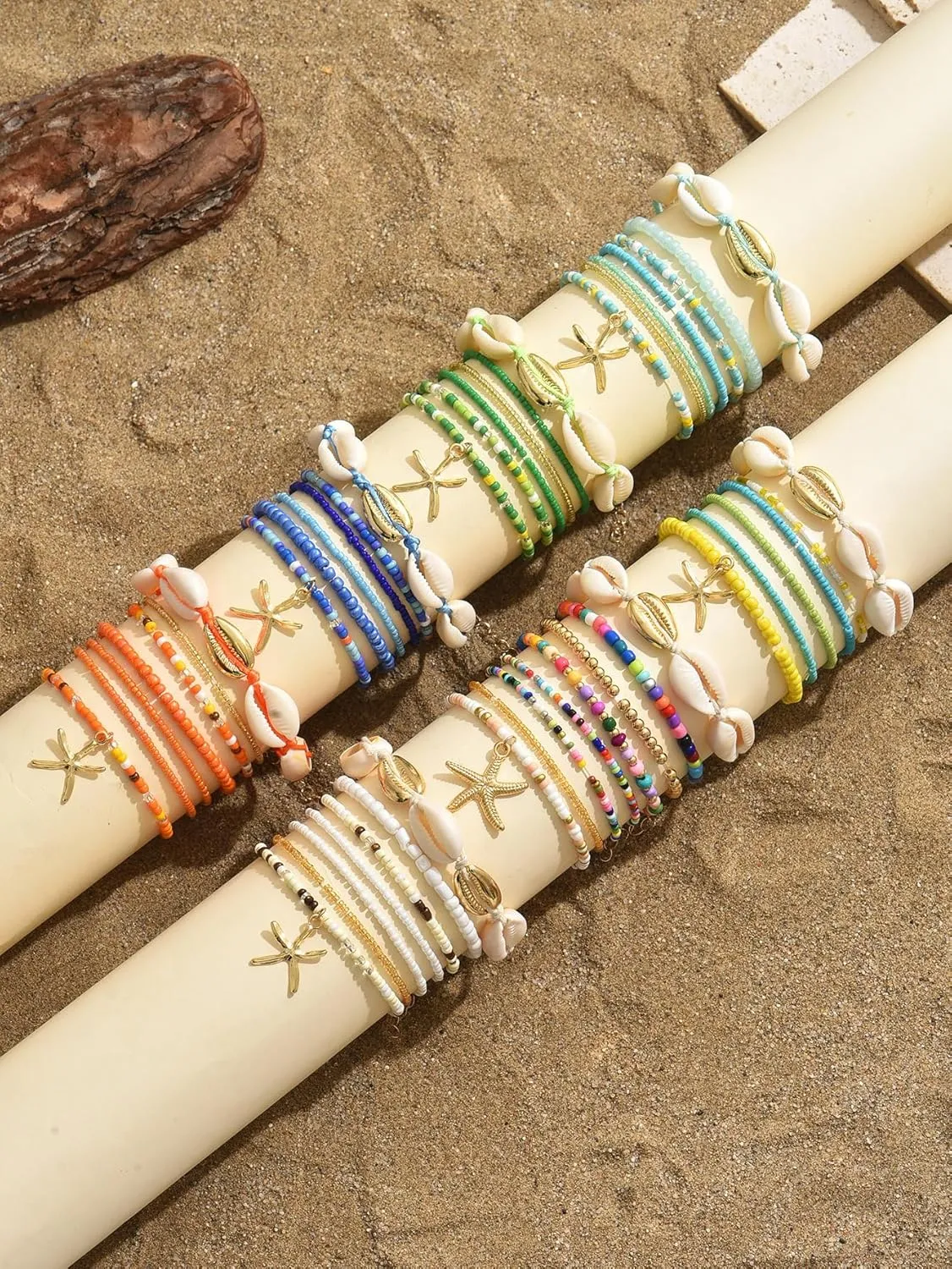 Seashell Ankle Bracelet for Women,Colorful Starfish Stack Stretch Bead Ankles Set Adjustable Waterproof Mermaid Ankle Chain Bracelet Hawaii Summer Beach Vacation Foot Mermaid Jewelry