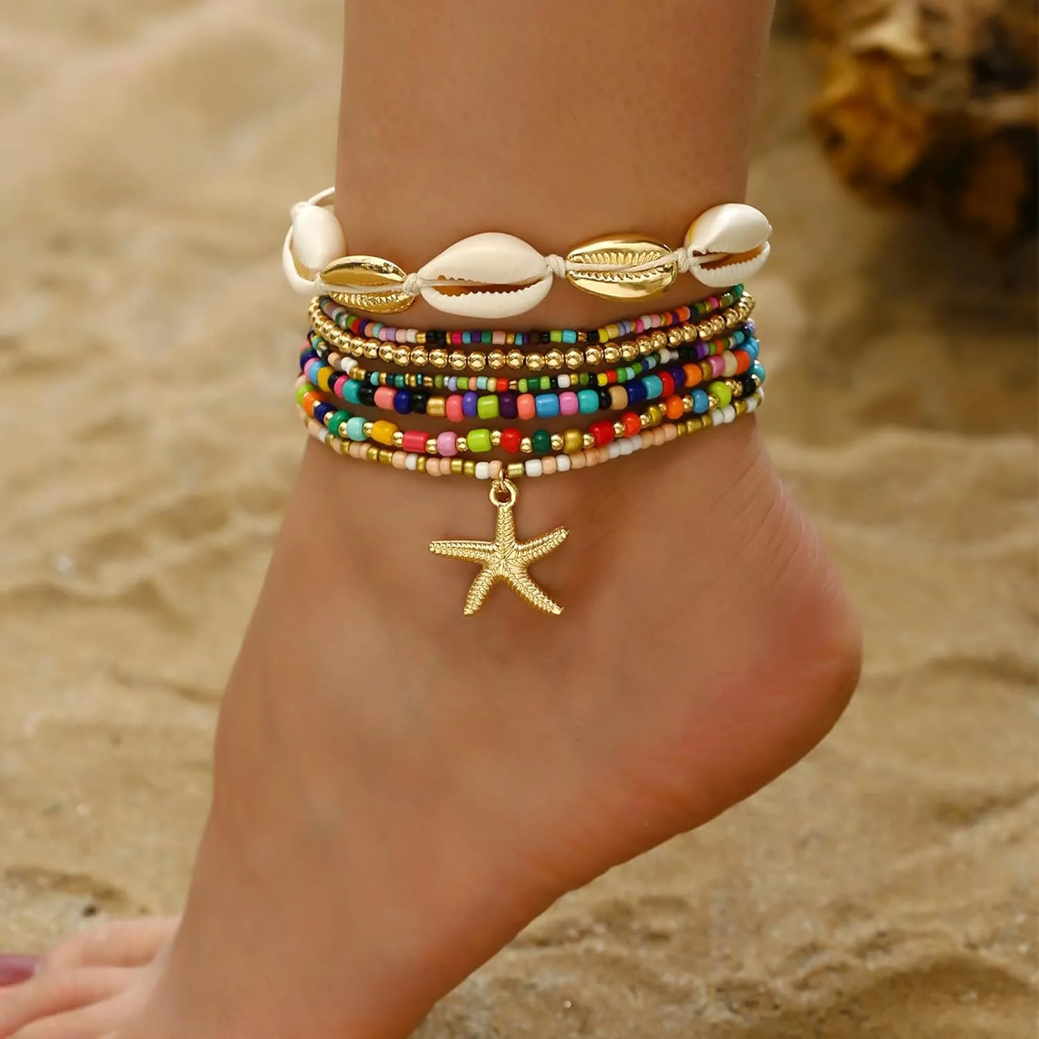 Seashell Ankle Bracelet for Women,Colorful Starfish Stack Stretch Bead Ankles Set Adjustable Waterproof Mermaid Ankle Chain Bracelet Hawaii Summer Beach Vacation Foot Mermaid Jewelry