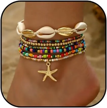 Seashell Ankle Bracelet for Women,Colorful Starfish Stack Stretch Bead Ankles Set Adjustable Waterproof Mermaid Ankle Chain Bracelet Hawaii Summer Beach Vacation Foot Mermaid Jewelry