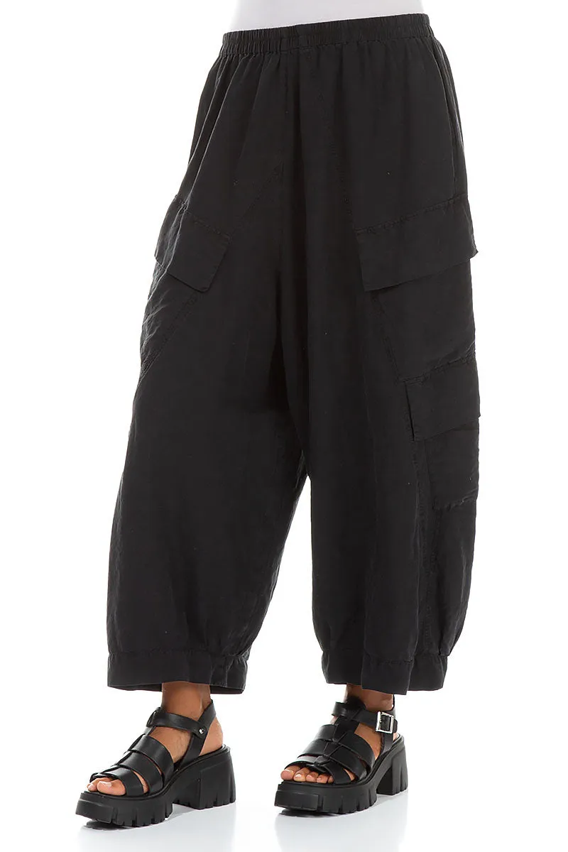 Side Pockets Wide Black Silk Linen Trousers