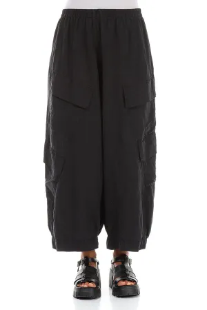 Side Pockets Wide Black Silk Linen Trousers