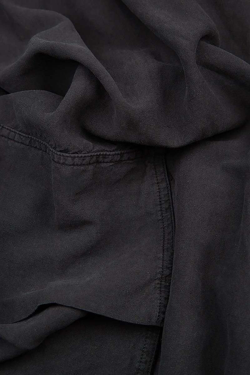 Side Pockets Wide Black Silk Linen Trousers