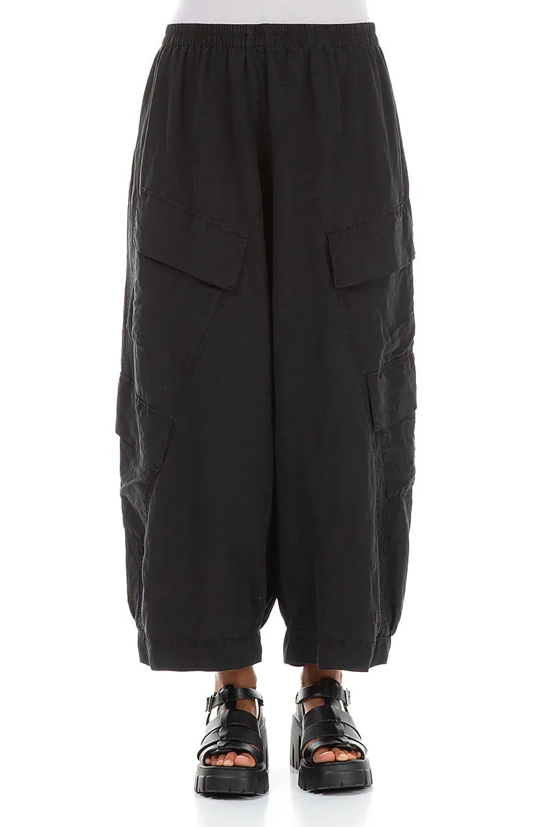 Side Pockets Wide Black Silk Linen Trousers