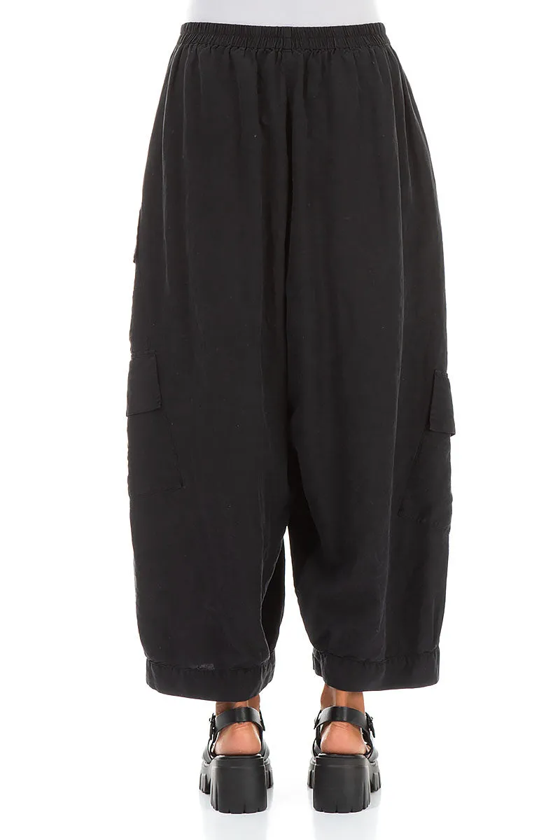 Side Pockets Wide Black Silk Linen Trousers