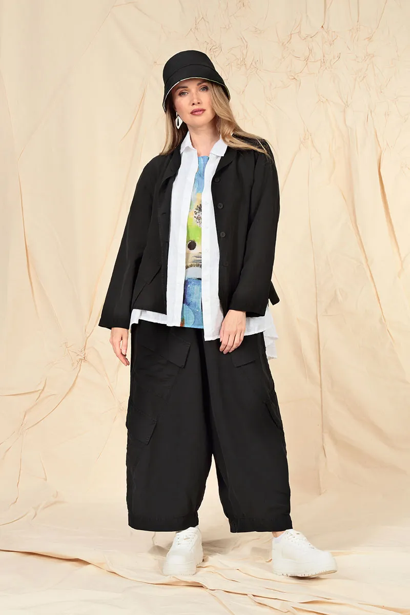 Side Pockets Wide Black Silk Linen Trousers