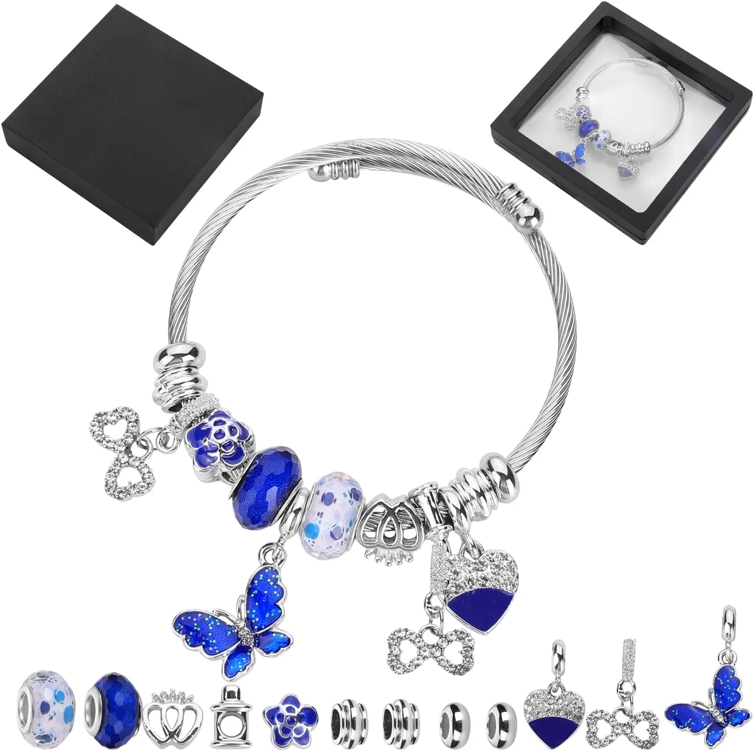 Silver Plated Charm friendship Bracelets for girls,Stainless Steel Bangle bracelets with jewelry box, Adjustable Girls Women Jewelry Suitable for holiday party gifts