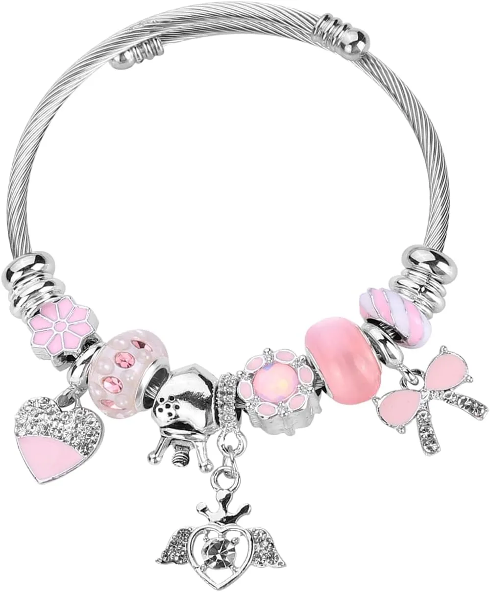 Silver Plated Charm friendship Bracelets for girls,Stainless Steel Bangle bracelets with jewelry box, Adjustable Girls Women Jewelry Suitable for holiday party gifts