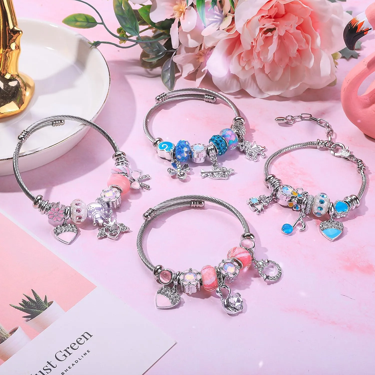 Silver Plated Charm friendship Bracelets for girls,Stainless Steel Bangle bracelets with jewelry box, Adjustable Girls Women Jewelry Suitable for holiday party gifts