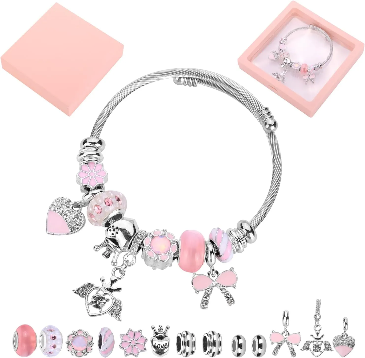 Silver Plated Charm friendship Bracelets for girls,Stainless Steel Bangle bracelets with jewelry box, Adjustable Girls Women Jewelry Suitable for holiday party gifts