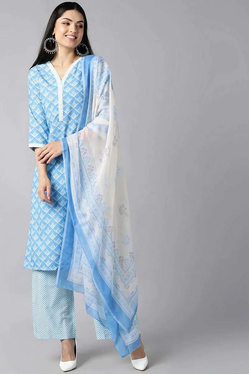 Sky Blue Polyester Straight Kurta Palazzo With Dupatta