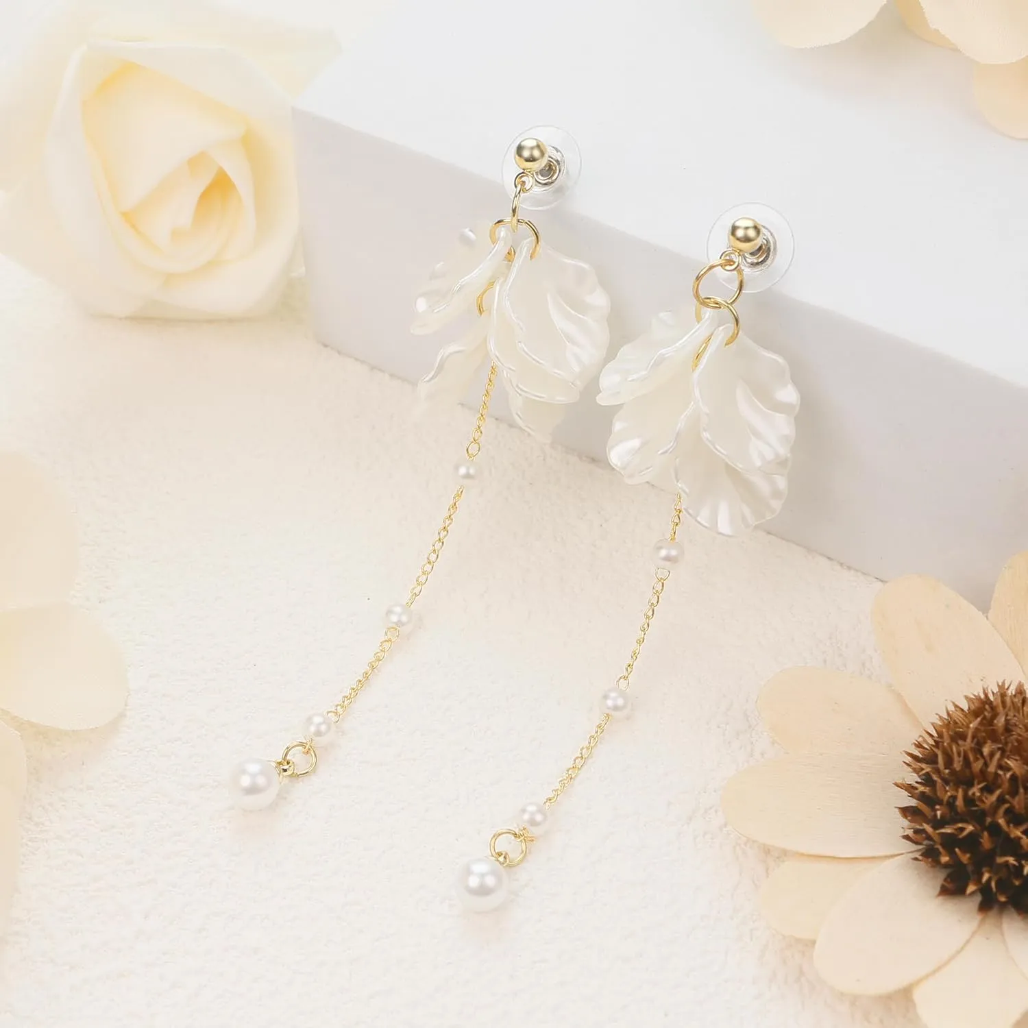 SmileBelle Pearl Earrings For Women, Ear Climbers Earrings For Women White Flower Drop Jewelry, Freshwater Pearl Bridal Jewelry As Summer Tassel Accessories for Wedding Gifts