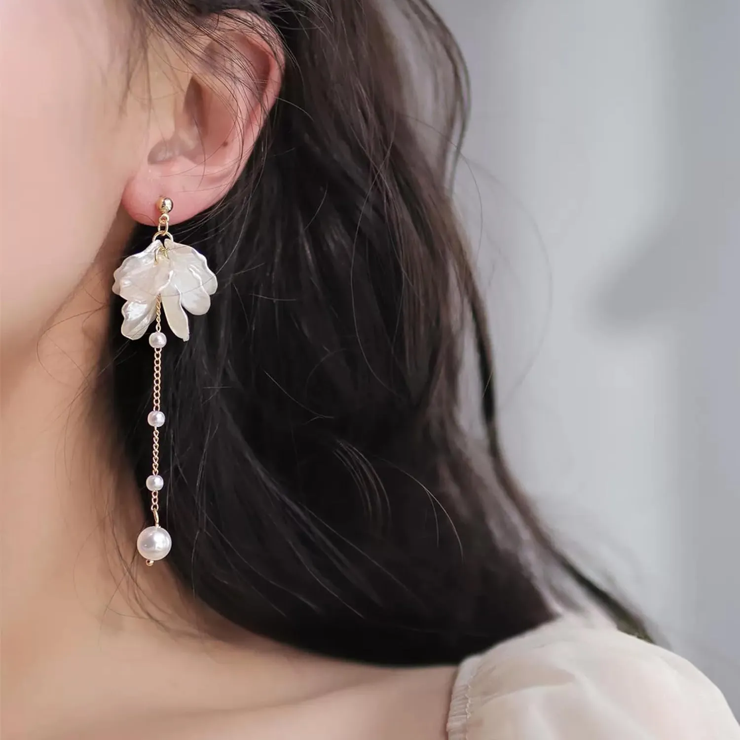 SmileBelle Pearl Earrings For Women, Ear Climbers Earrings For Women White Flower Drop Jewelry, Freshwater Pearl Bridal Jewelry As Summer Tassel Accessories for Wedding Gifts