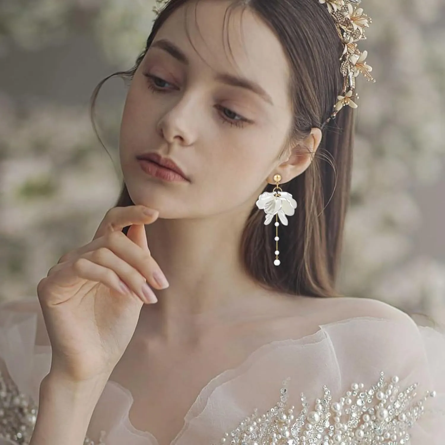 SmileBelle Pearl Earrings For Women, Ear Climbers Earrings For Women White Flower Drop Jewelry, Freshwater Pearl Bridal Jewelry As Summer Tassel Accessories for Wedding Gifts