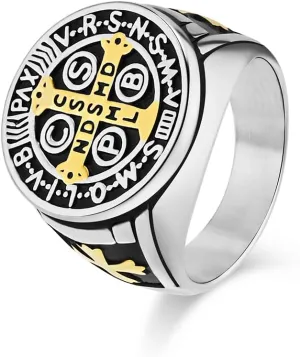 St Benedict Exorcism Ring, Titanium Steel Catholic Ring for Men Saint Benedict Medal Catholic Roman Cross Protection Jewelry Religious Amulet Signet Rings Big Size 7/8/9/10/11/12/13