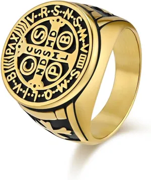 St Benedict Exorcism Ring, Titanium Steel Catholic Ring for Men Saint Benedict Medal Catholic Roman Cross Protection Jewelry Religious Amulet Signet Rings Big Size 7/8/9/10/11/12/13
