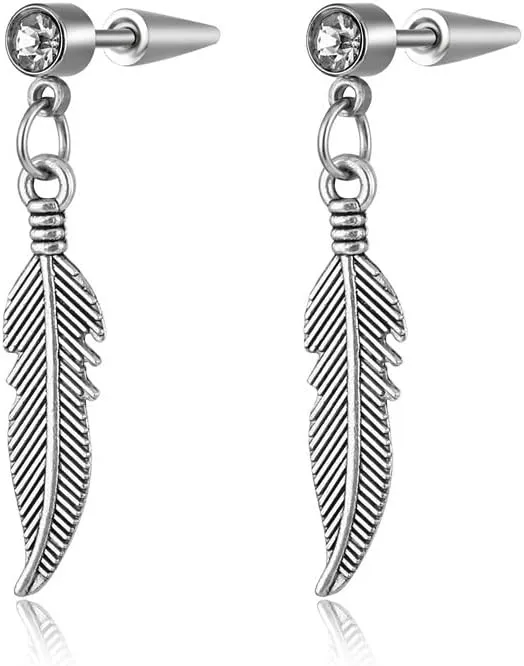 Stainless Steel Crystal CZ Faith Cross Threader Dangle Stud Earrings Hypoallergenic Punk Style Earring