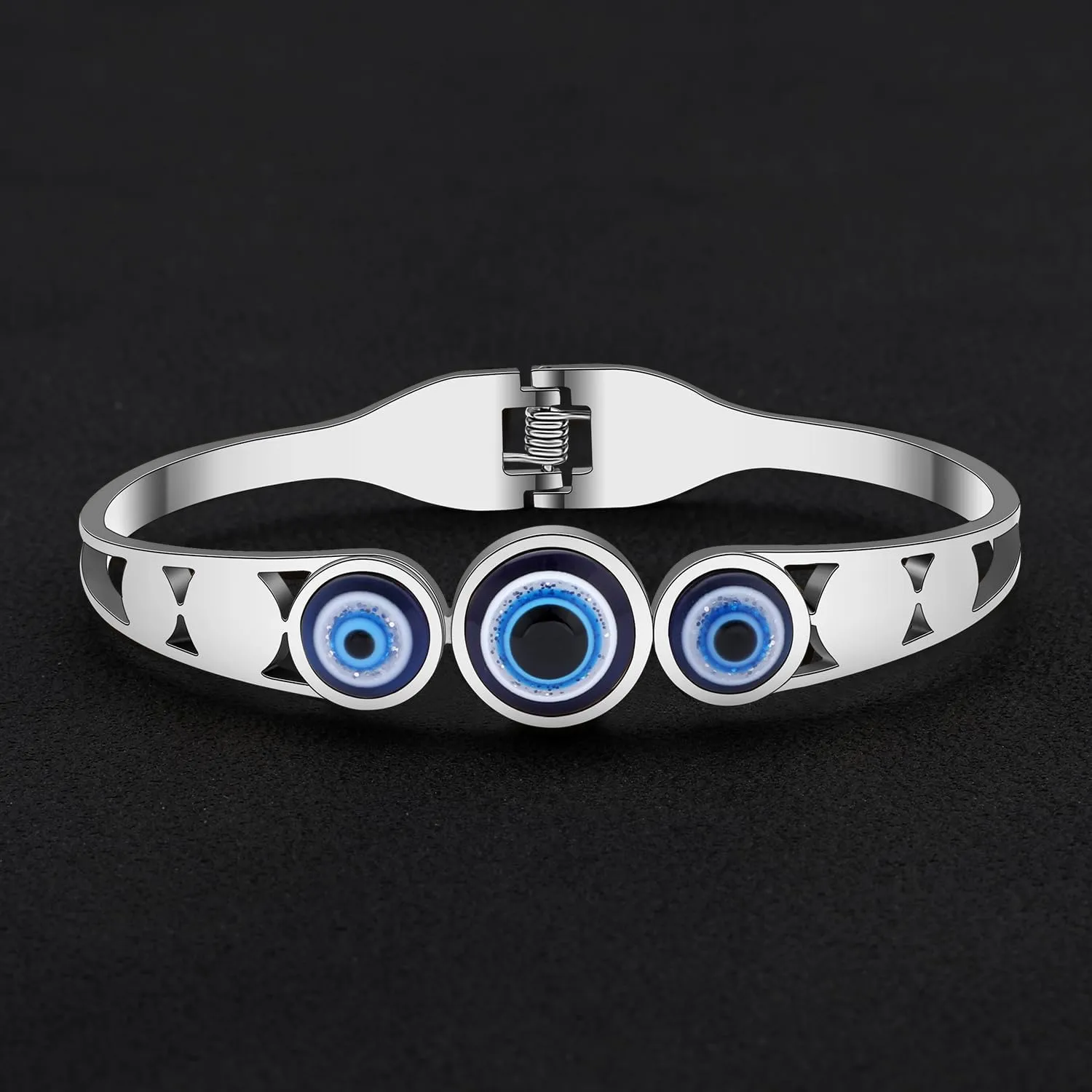 Stainless Steel Rhinestone Blue Evil Eye Bracelets Cuff Hollow Out Bangle 18K Gold Silver Plated Eye-catching Jewelry For Women Gifts
