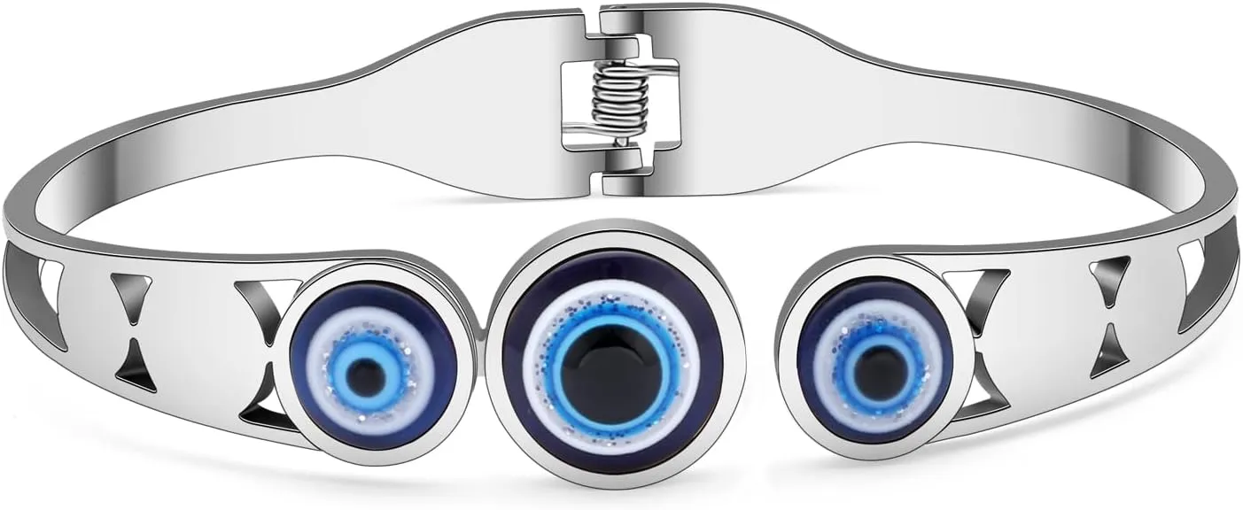 Stainless Steel Rhinestone Blue Evil Eye Bracelets Cuff Hollow Out Bangle 18K Gold Silver Plated Eye-catching Jewelry For Women Gifts
