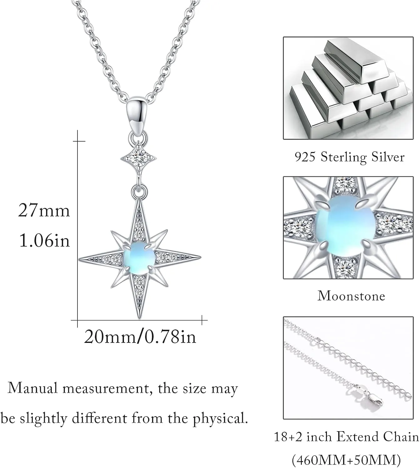 Star Necklace for Women Girls 925 Sterling Silver Star Moonstone Pendant Necklace Infinity/Round Spin Star Necklace Star Jewelry Gifts for Women Girls