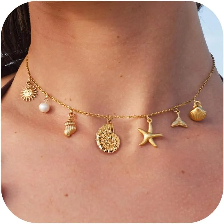 Starfish Necklace Gold Seashell Charm Necklace for Women Beach Shell Necklace Summer Surfer Neclace Beach Jewelry Boho Layered Necklaces Summer Dresses Accessories