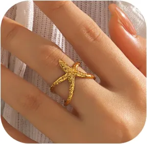 Starfish Statement Ring For Women Stainless Steel Seashell Ring Opening Adjustable Gold Silver Starfish Ring Irregular Beach Rings Summer Beachy Ocean Jewelry Gift