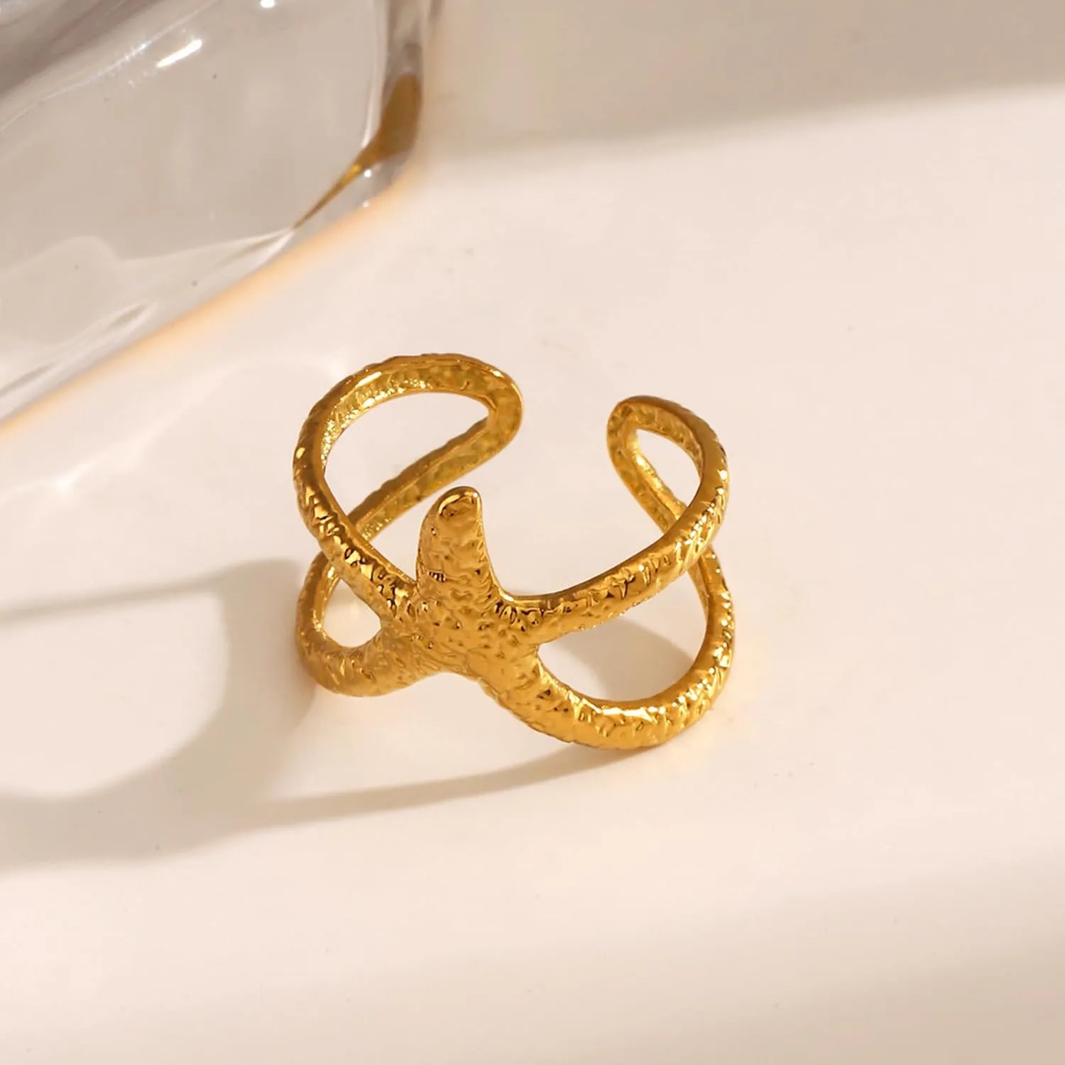Starfish Statement Ring For Women Stainless Steel Seashell Ring Opening Adjustable Gold Silver Starfish Ring Irregular Beach Rings Summer Beachy Ocean Jewelry Gift