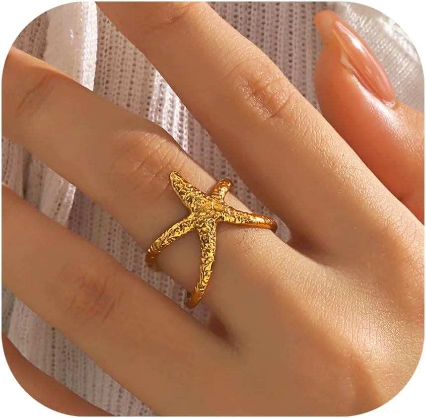 Starfish Statement Ring For Women Stainless Steel Seashell Ring Opening Adjustable Gold Silver Starfish Ring Irregular Beach Rings Summer Beachy Ocean Jewelry Gift
