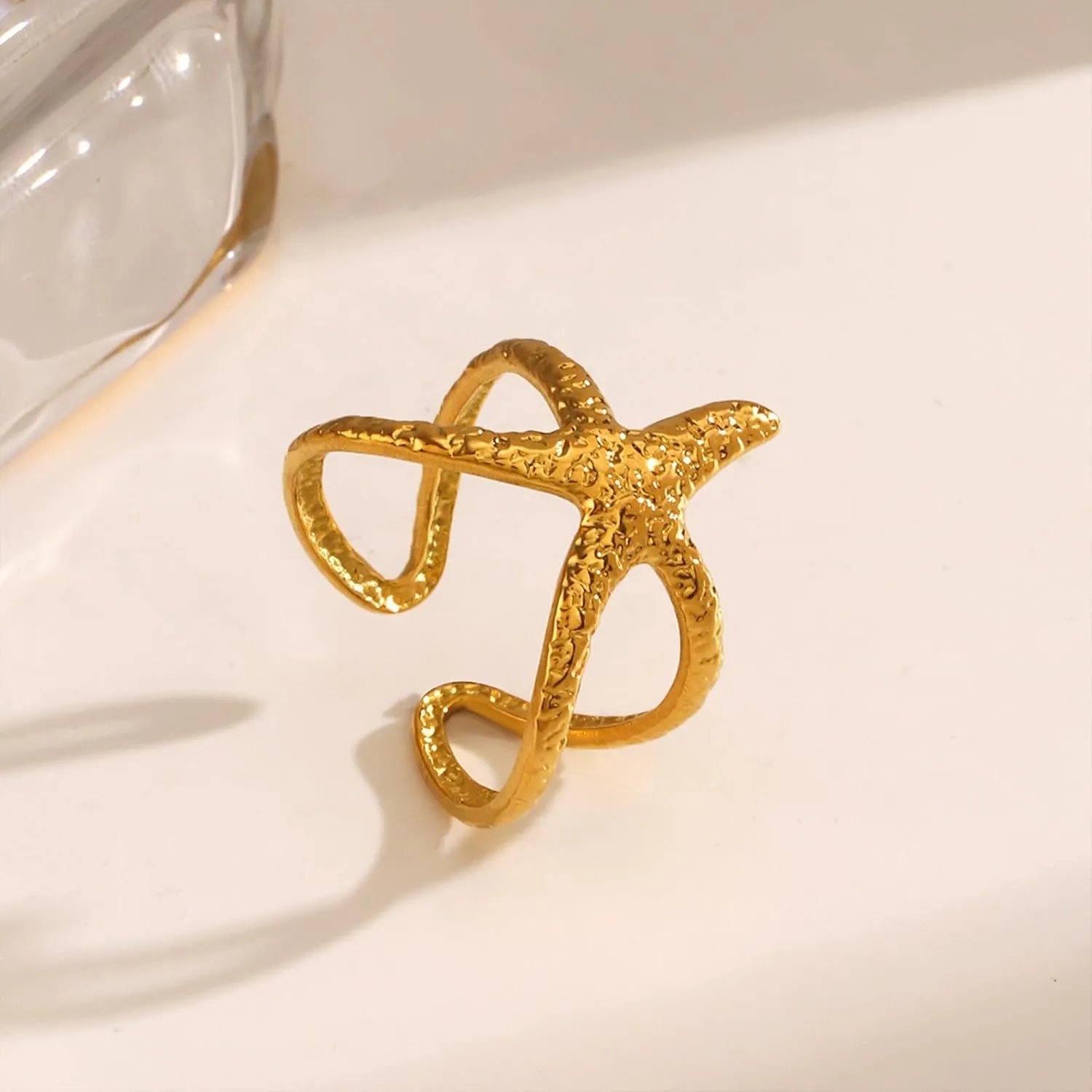Starfish Statement Ring For Women Stainless Steel Seashell Ring Opening Adjustable Gold Silver Starfish Ring Irregular Beach Rings Summer Beachy Ocean Jewelry Gift