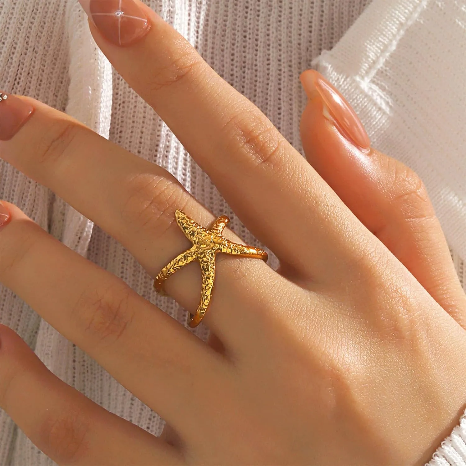 Starfish Statement Ring For Women Stainless Steel Seashell Ring Opening Adjustable Gold Silver Starfish Ring Irregular Beach Rings Summer Beachy Ocean Jewelry Gift