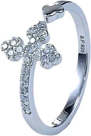 Sterling silver 925 Rhodium plated resizable cross ring with Cubic zirconia stones for Women Religious jewelry gift.