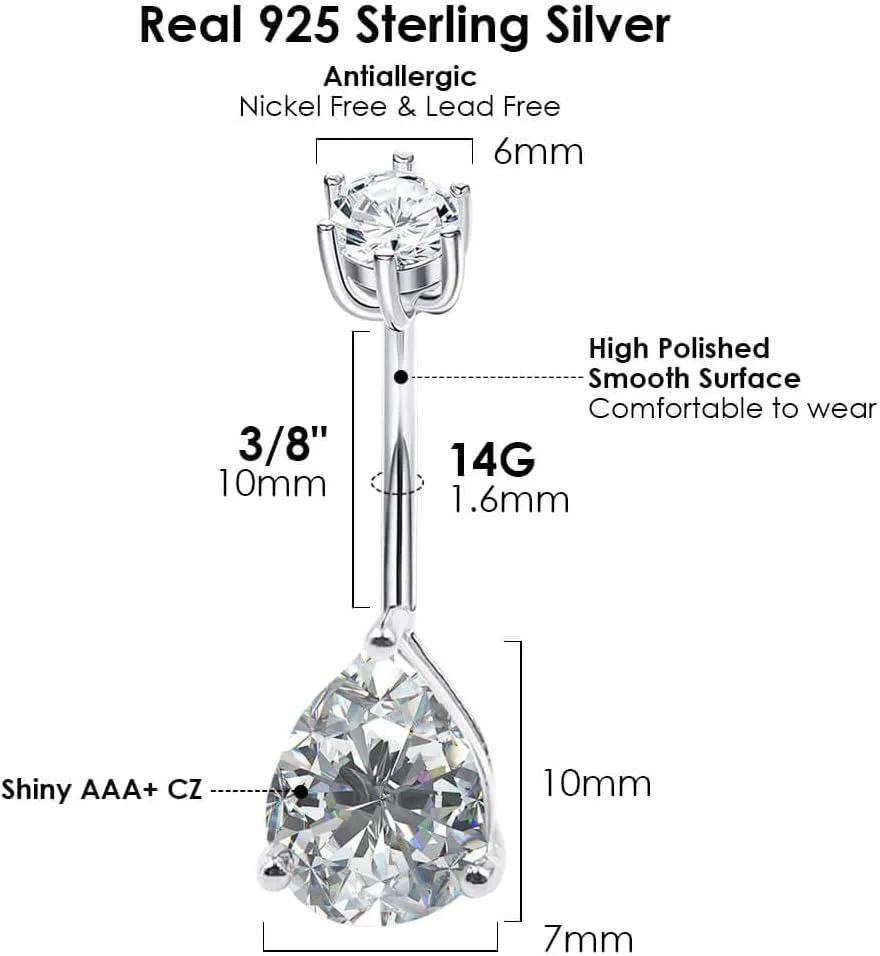 Sterling Silver Belly Button Rings, Real 925 Sterling Silver, 14G Sterling Silver Navel Piercing Rings