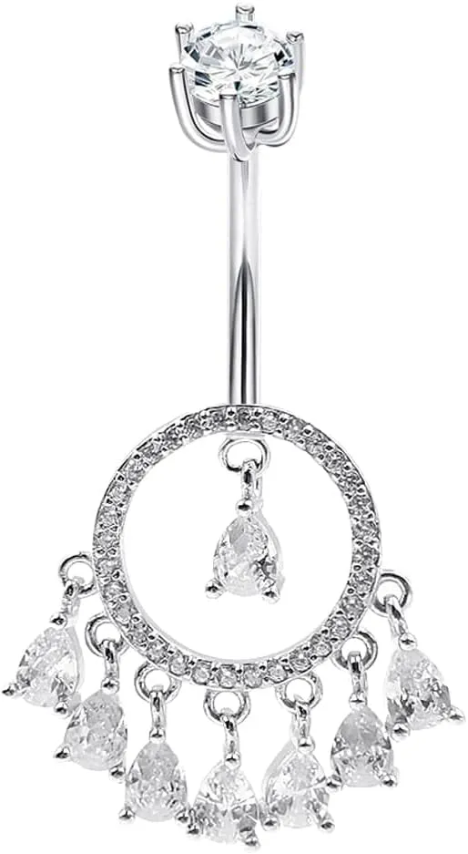 Sterling Silver Belly Button Rings, Real 925 Sterling Silver, 14G Sterling Silver Navel Rings, High Polished Smooth Surface, Resists Allergy, 925 Silver Belly Piercing, Dangle Circular Teardrop CZ