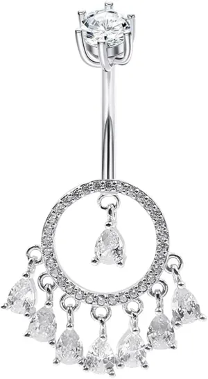 Sterling Silver Belly Button Rings, Real 925 Sterling Silver, 14G Sterling Silver Navel Rings, High Polished Smooth Surface, Resists Allergy, 925 Silver Belly Piercing, Dangle Circular Teardrop CZ